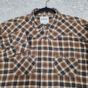 Ariat‎ flannel mens Large Retro Fit Pearl Snap brown Plaid Western